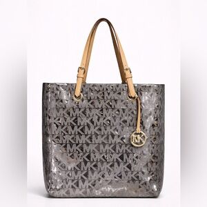 Michael Kors Patent Tote Bag MK Logo 15x15 Leather Straps Black Silver Charm